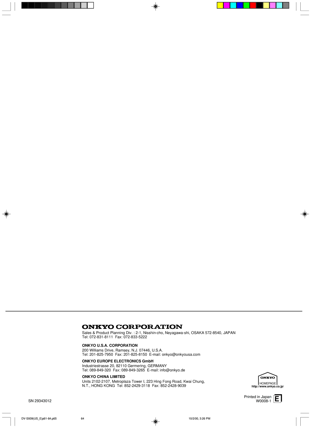 Onkyo DV-S939 instruction manual Onkyo U.S.A. Corporation, Onkyo Europe Electronics GmbH 