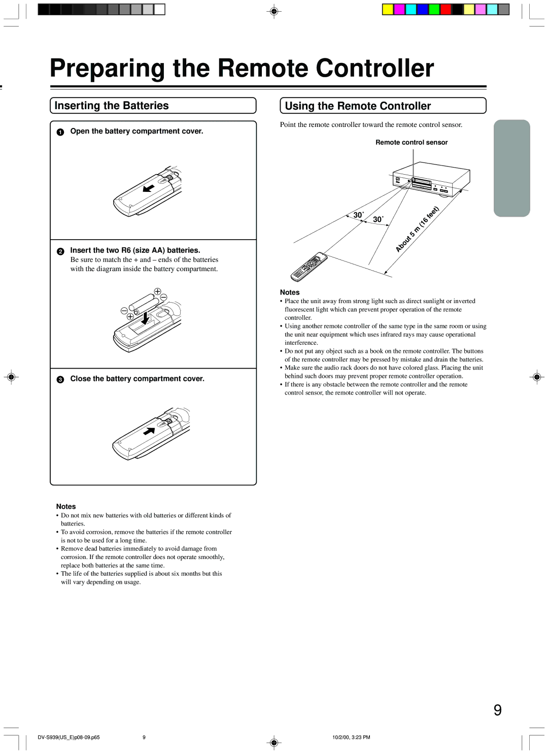 Onkyo DV-S939 instruction manual Preparing the Remote Controller, Inserting the Batteries, Using the Remote Controller 