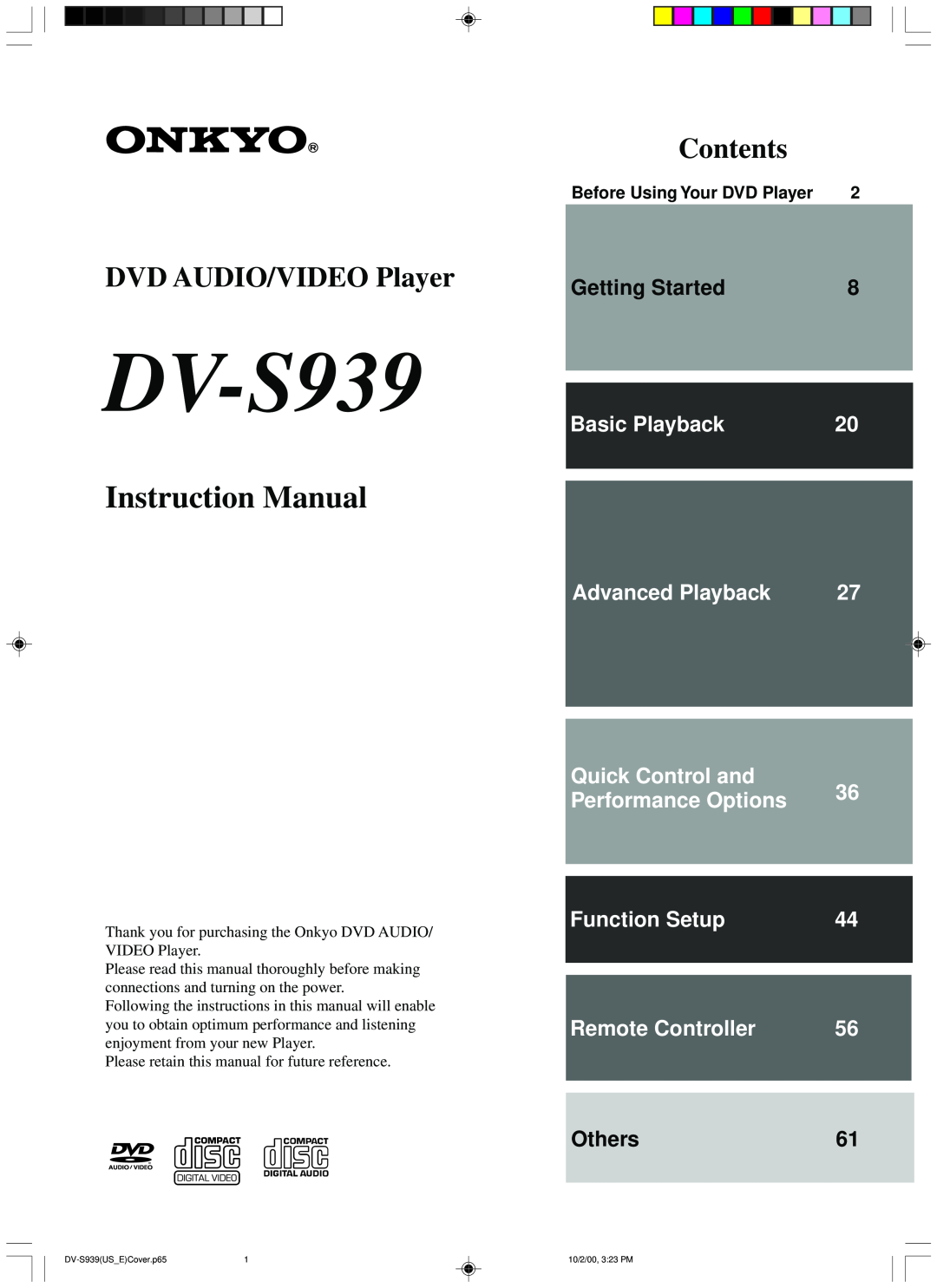 Onkyo DV-S939 instruction manual Getting Started, Others61, Before Using Your DVD Player, Instruction Manual, Contents 