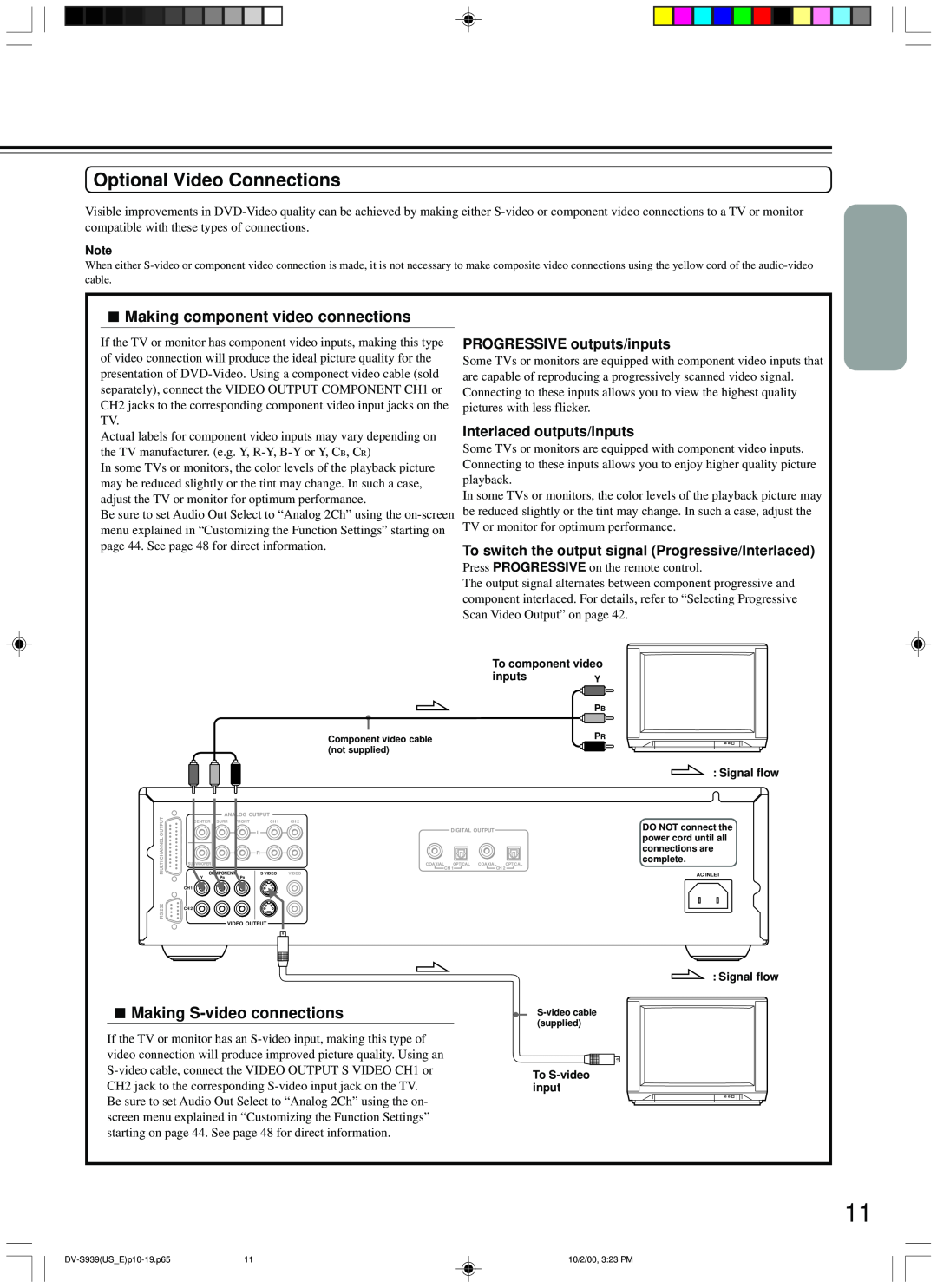 Onkyo DV-S939 instruction manual Optional Video Connections, Making component video connections, Making S-video connections 