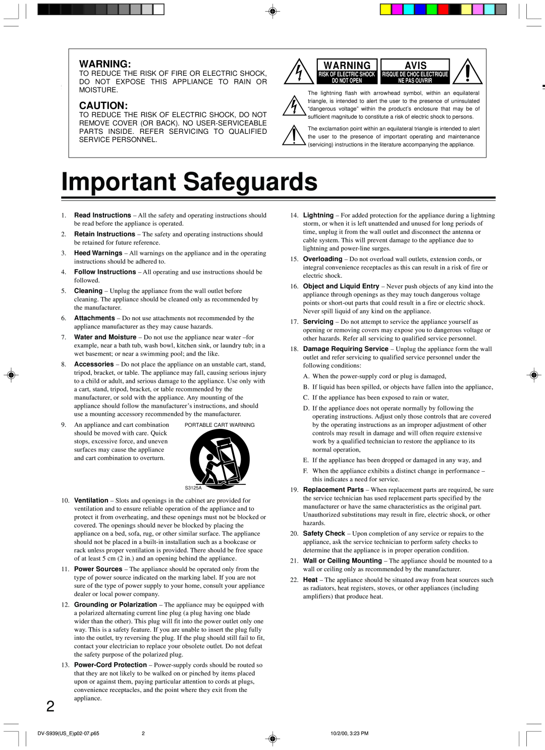 Onkyo DV-S939 instruction manual Important Safeguards, Avis 