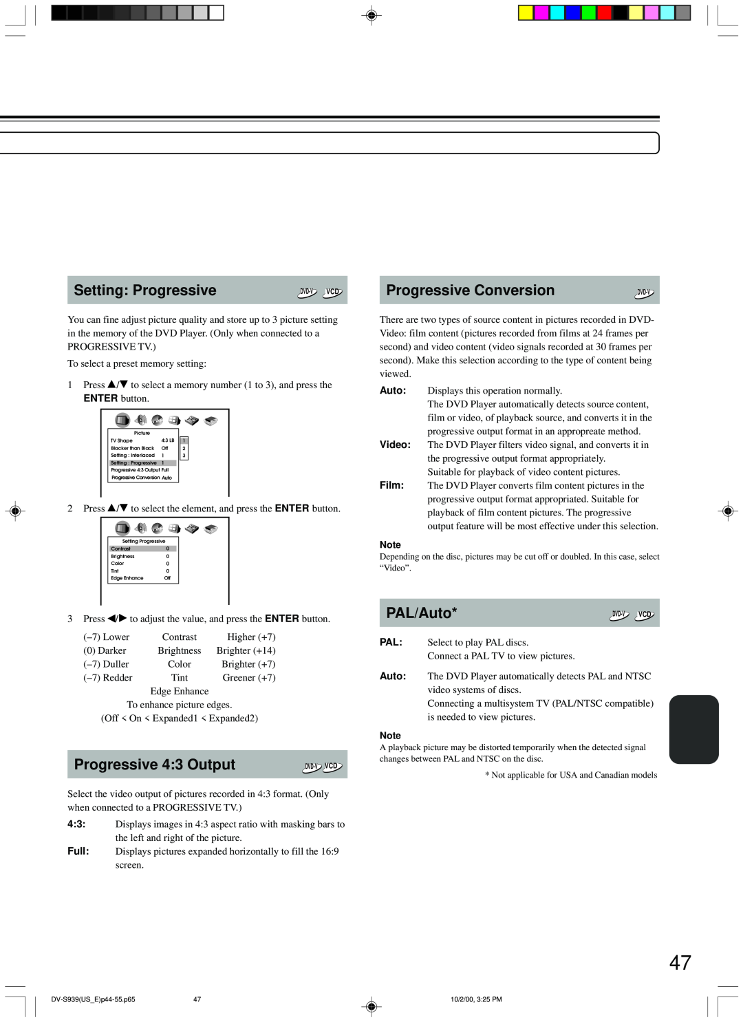 Onkyo DV-S939 instruction manual Setting Progressive, Progressive 43 Output, Progressive Conversion, PAL/Auto 