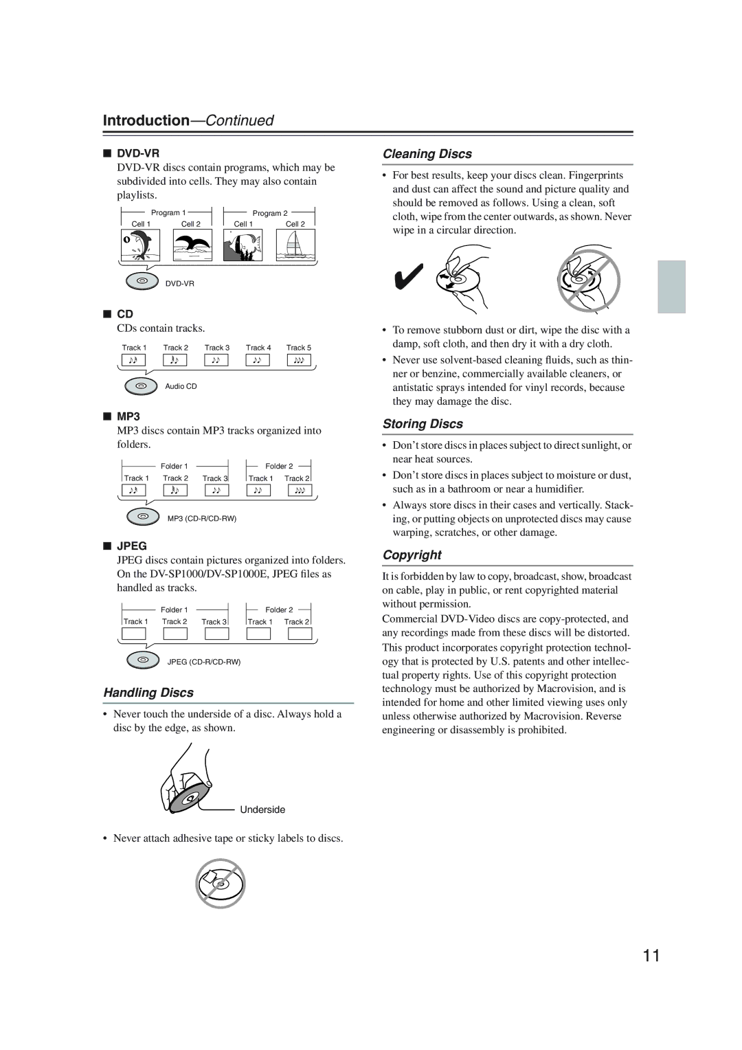 Onkyo DV-SP1000 instruction manual Handling Discs, Cleaning Discs, Storing Discs, Copyright 