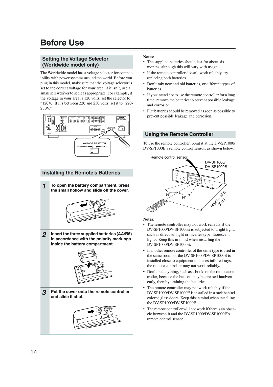 Onkyo DV-SP1000 instruction manual Before Use, Installing the Remote’s Batteries, Using the Remote Controller 