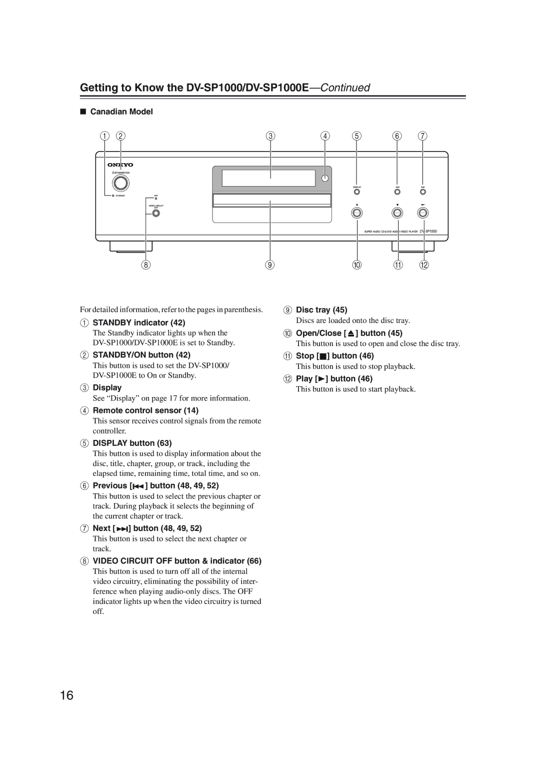 Onkyo instruction manual Getting to Know the DV-SP1000/DV-SP1000E, Canadian Model, Display button Disc tray 