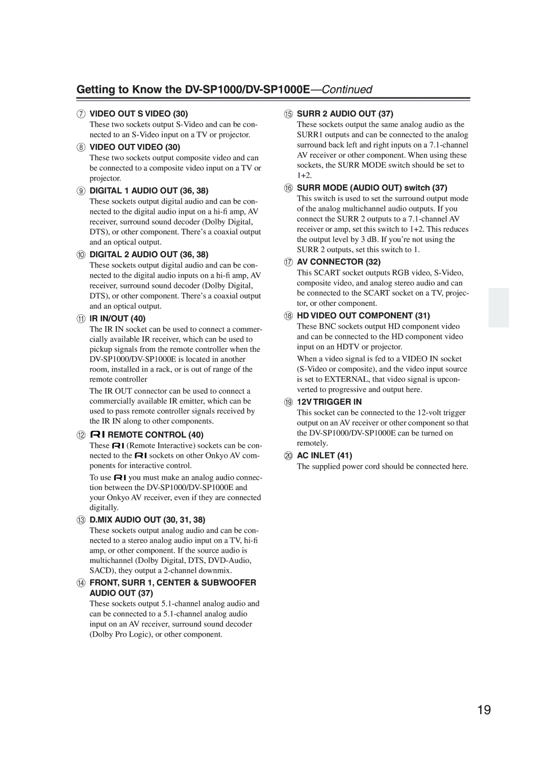 Onkyo DV-SP1000 instruction manual Ir In/Out, MIX Audio OUT 30, 31, Surr Mode Audio OUT switch 