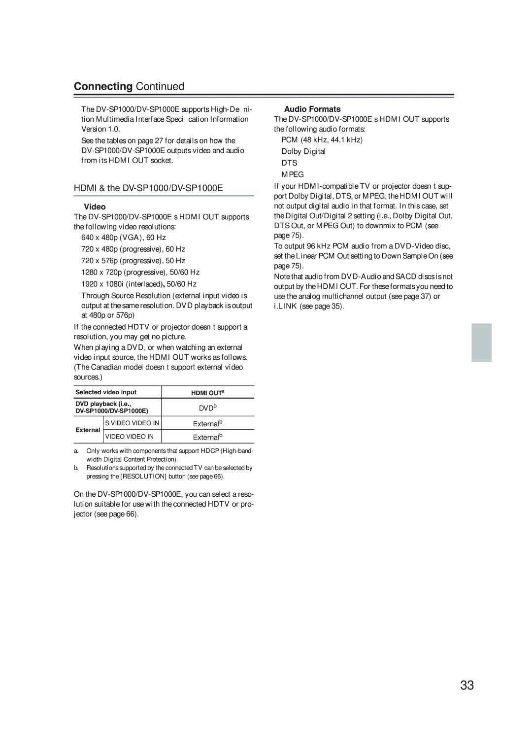 Onkyo instruction manual Hdmi & the DV-SP1000/DV-SP1000E, Video, Audio Formats, DVDb, Externalb 