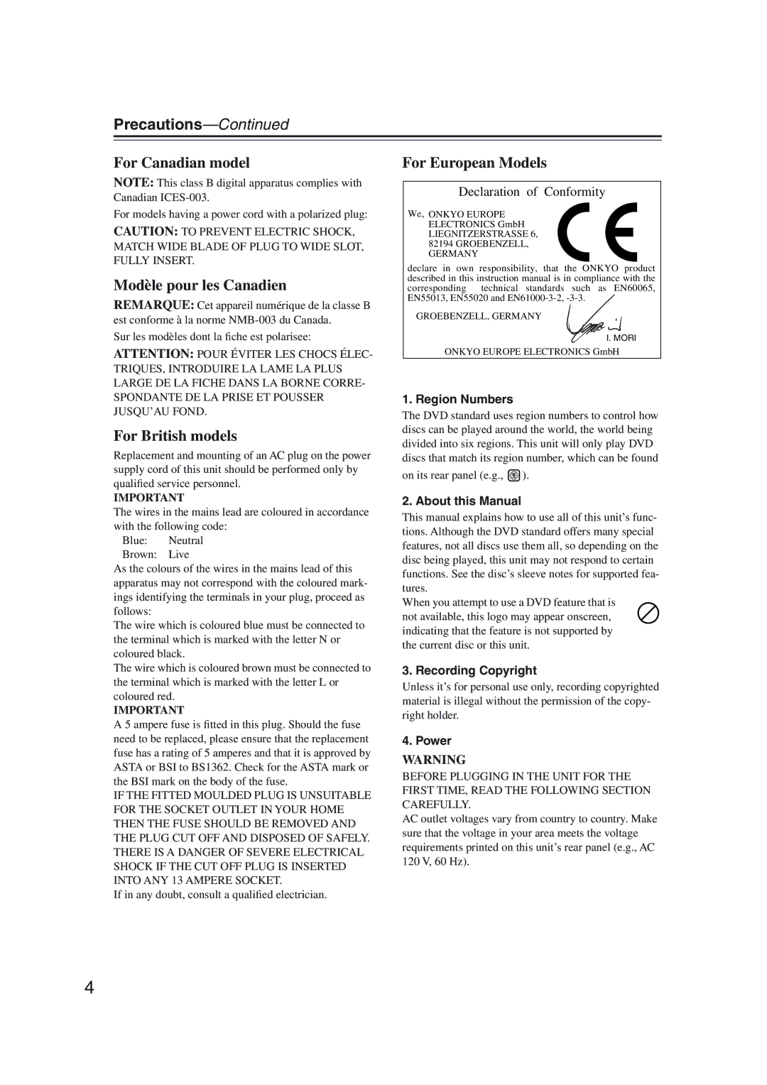 Onkyo DV-SP1000 instruction manual Precautions, Modèle pour les Canadien 