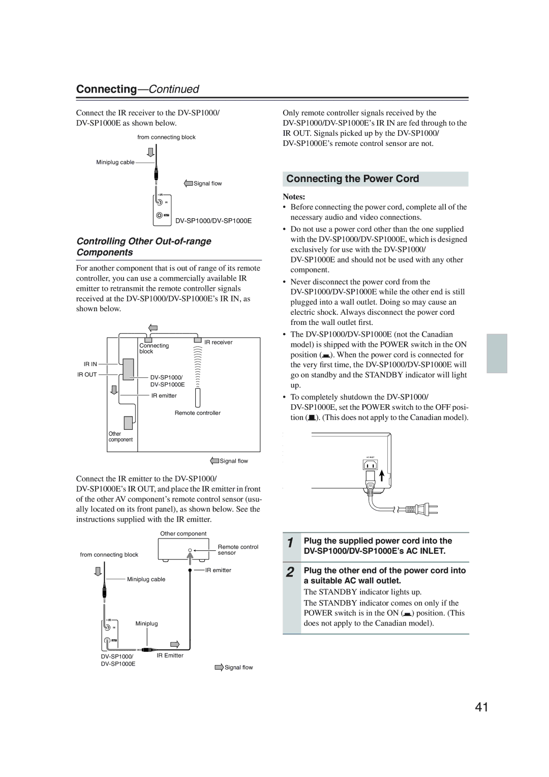 Onkyo DV-SP1000 instruction manual Connecting the Power Cord, Controlling Other Out-of-range Components 