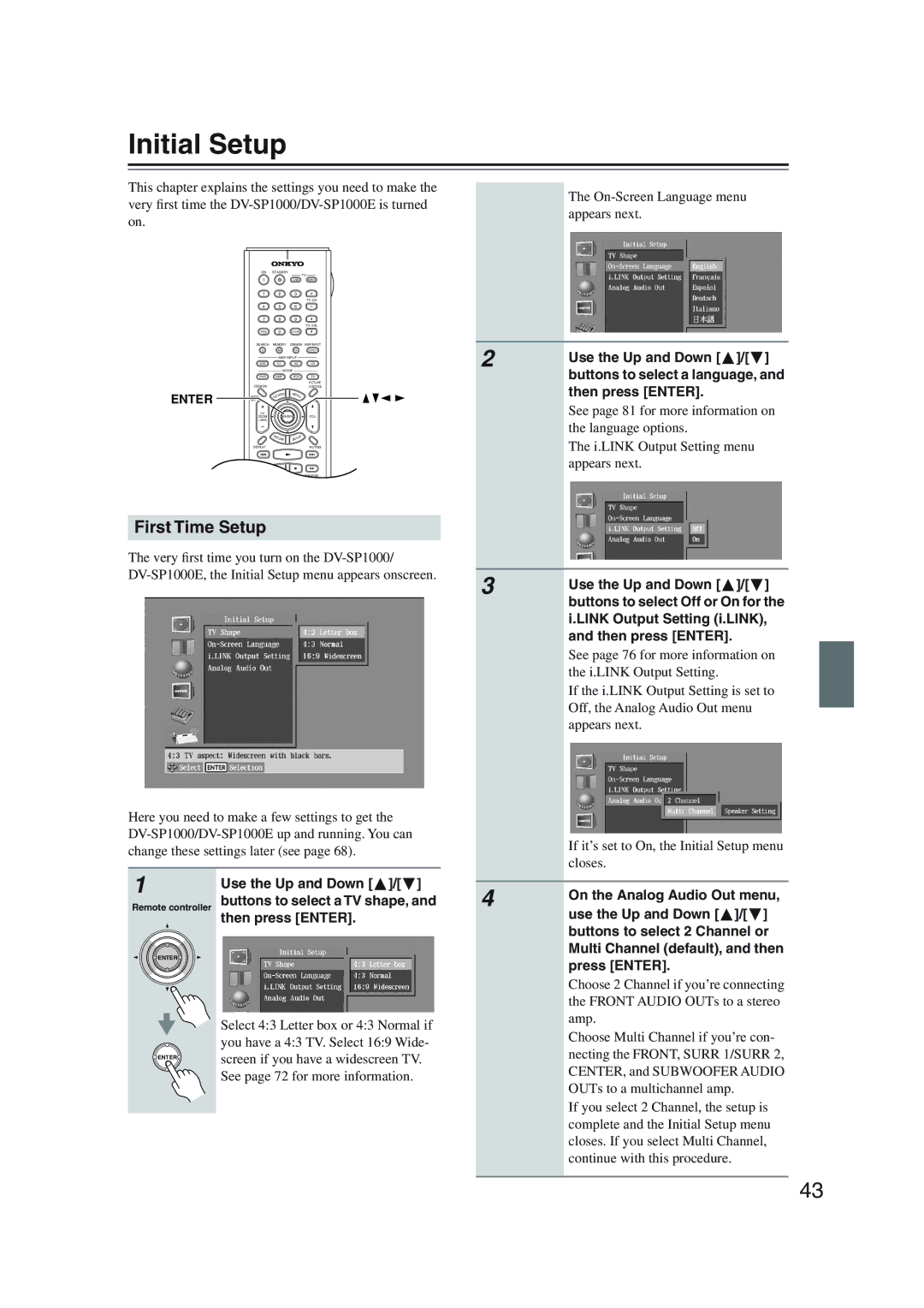 Onkyo DV-SP1000 Initial Setup, First Time Setup, Use the Up and Down, Buttons to select a TV shape, Then press Enter 