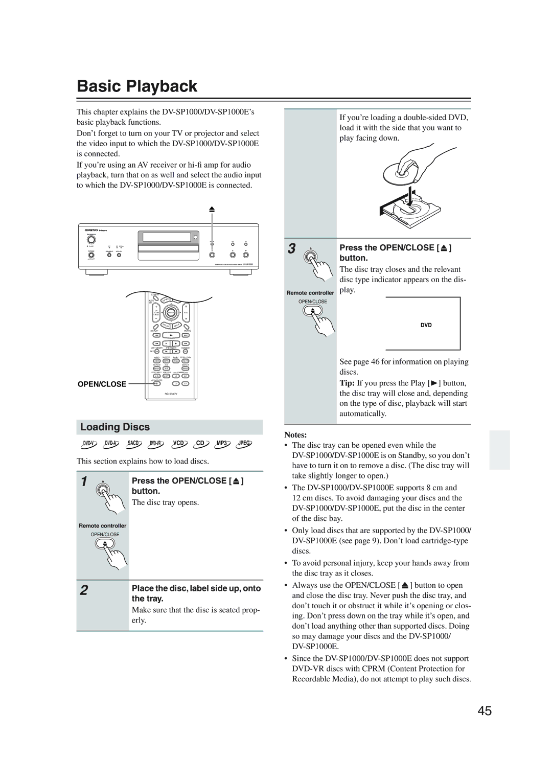 Onkyo DV-SP1000 instruction manual Basic Playback, Loading Discs 