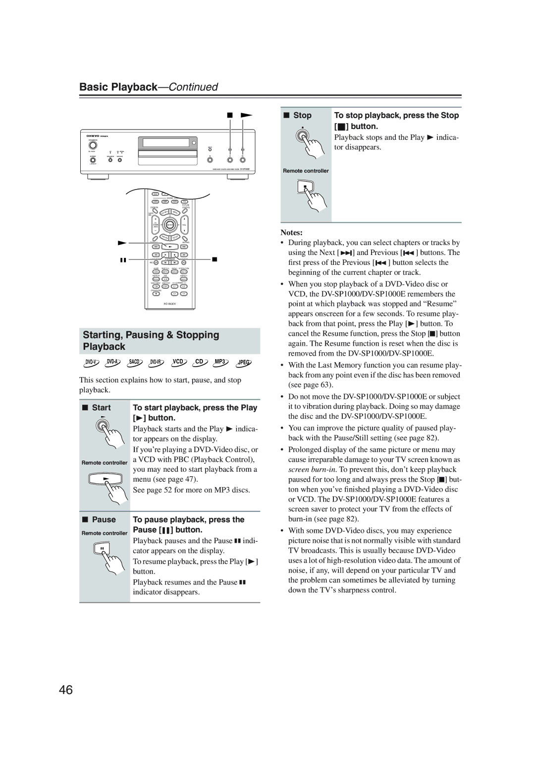 Onkyo DV-SP1000 Basic Playback, Starting, Pausing & Stopping Playback, Start To start playback, press the Play Button 