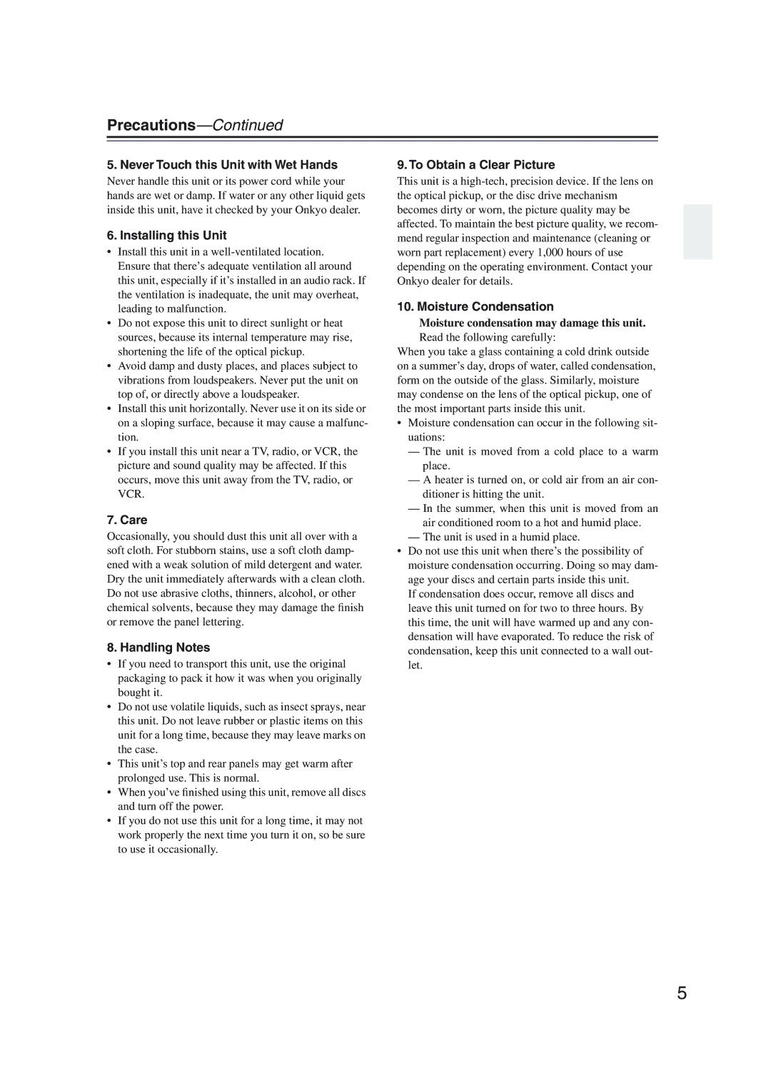 Onkyo DV-SP1000 instruction manual Never Touch this Unit with Wet Hands 