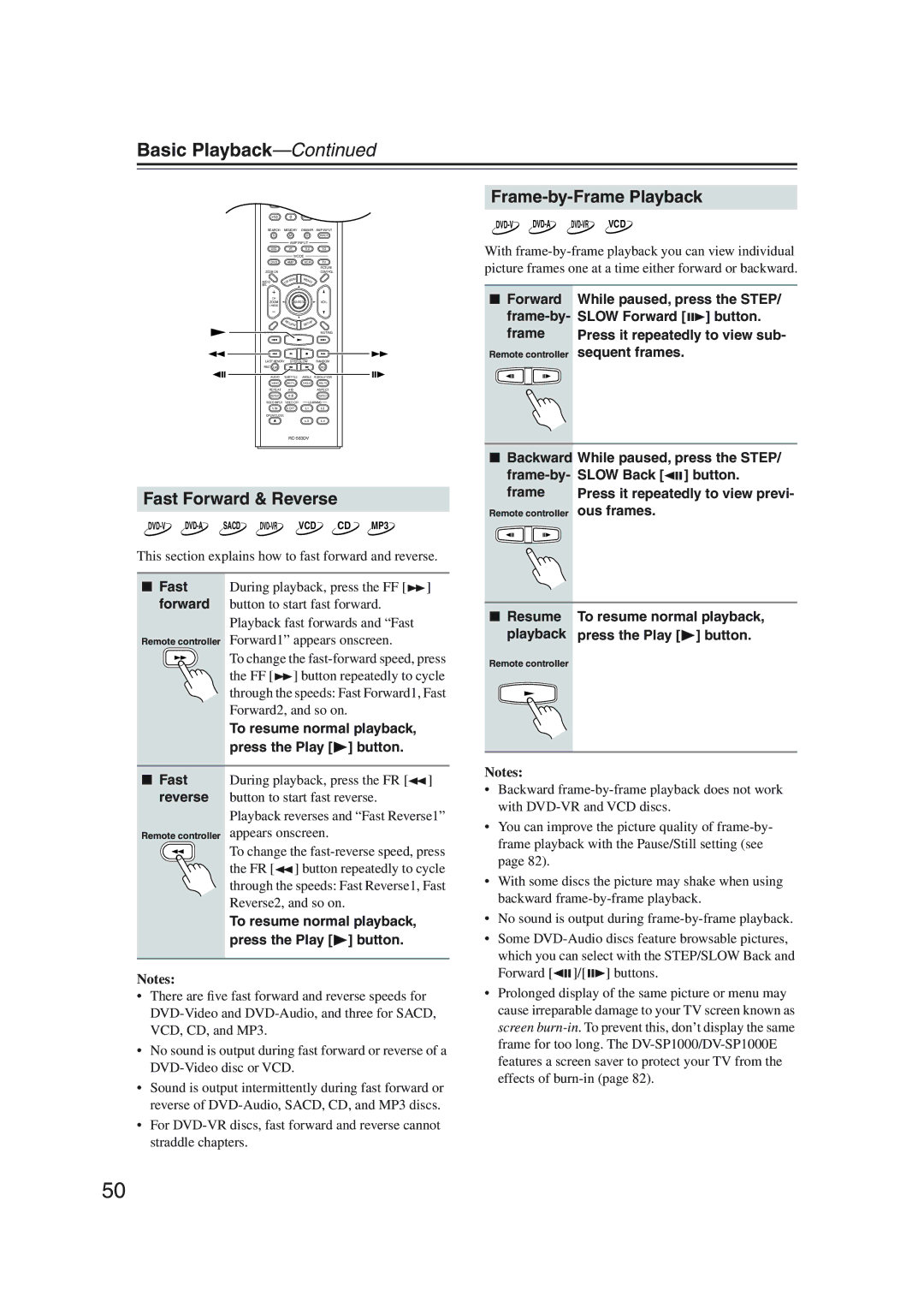 Onkyo DV-SP1000 instruction manual Frame-by-Frame Playback, Fast Forward & Reverse 