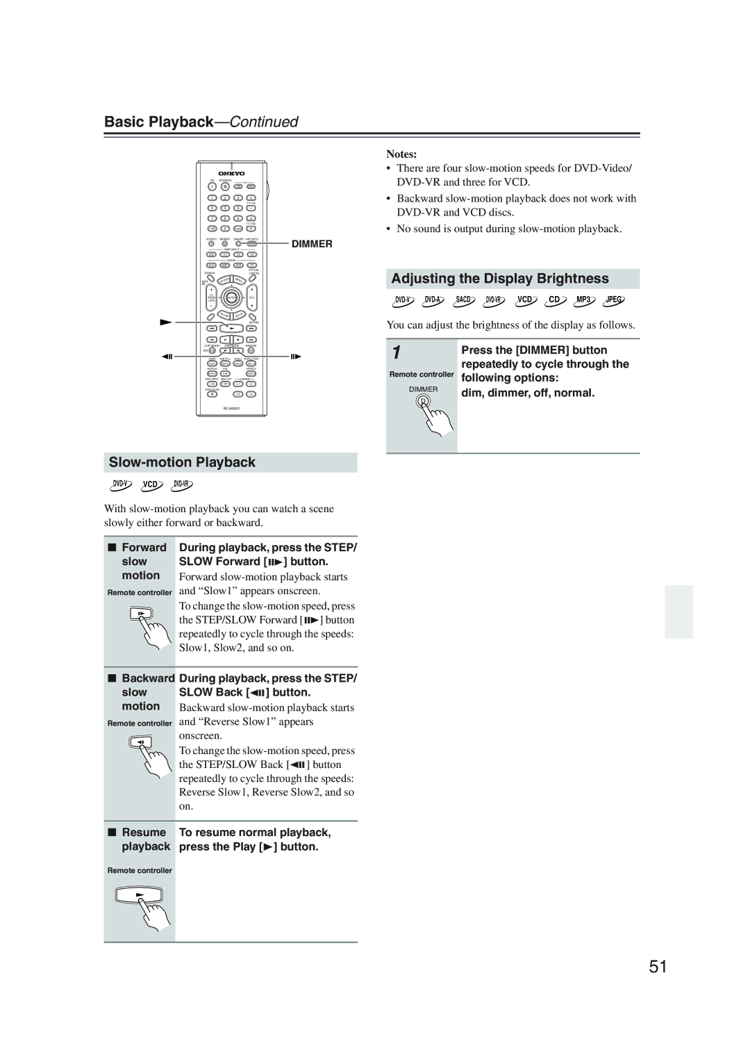 Onkyo DV-SP1000 instruction manual Adjusting the Display Brightness, Slow-motion Playback 