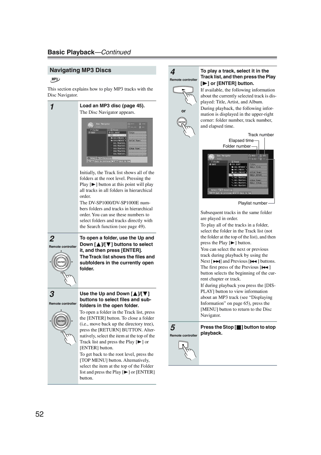 Onkyo DV-SP1000 instruction manual Navigating MP3 Discs 