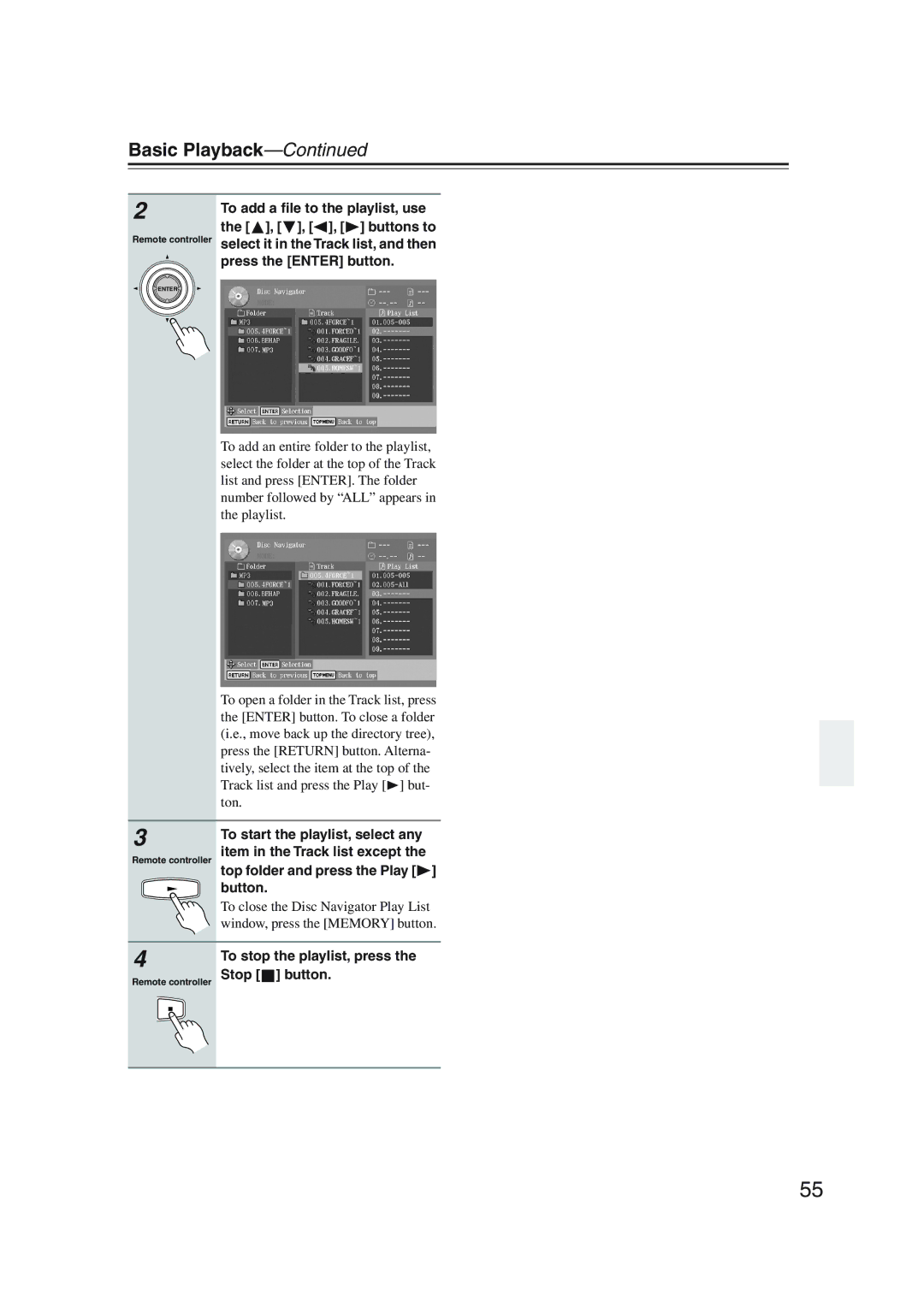 Onkyo DV-SP1000 instruction manual Top folder and press the Play button, To stop the playlist, press 