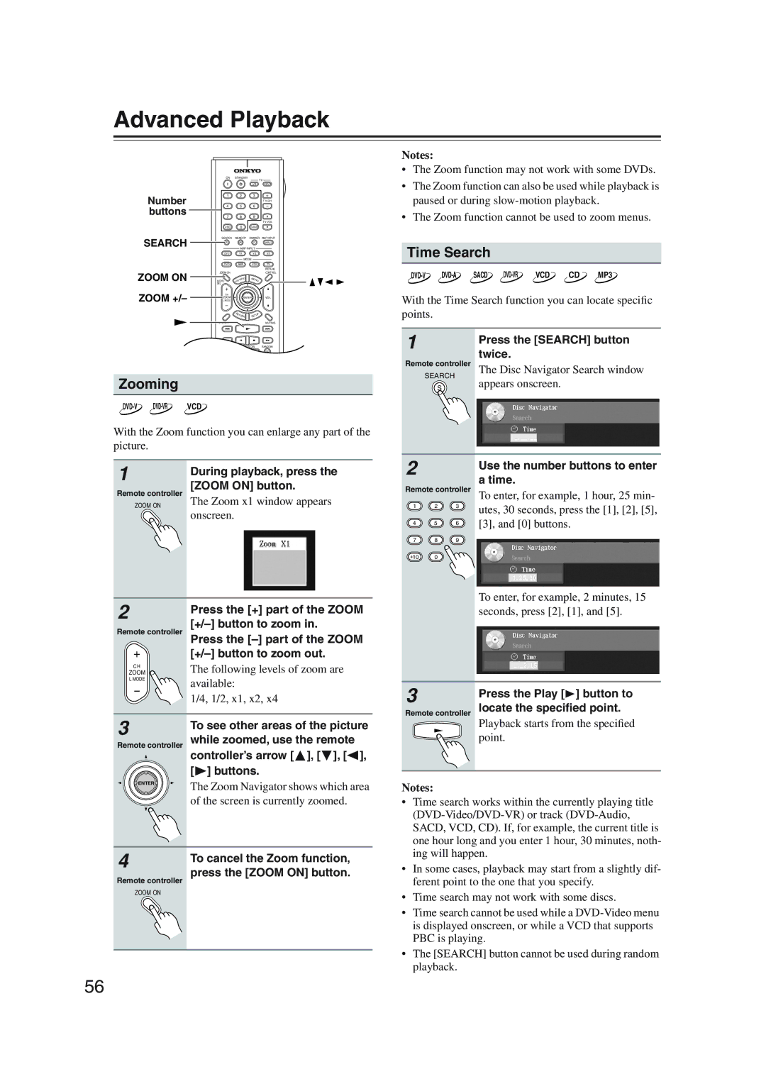 Onkyo DV-SP1000 instruction manual Advanced Playback, Time Search, Zooming 