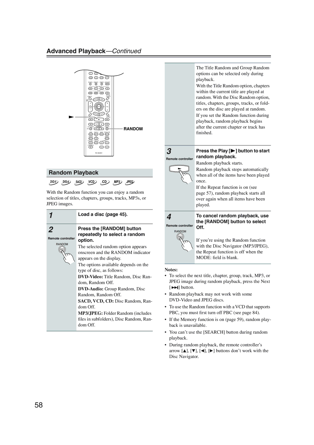 Onkyo DV-SP1000 instruction manual Random Playback, Press the Play, Random playback, Off 