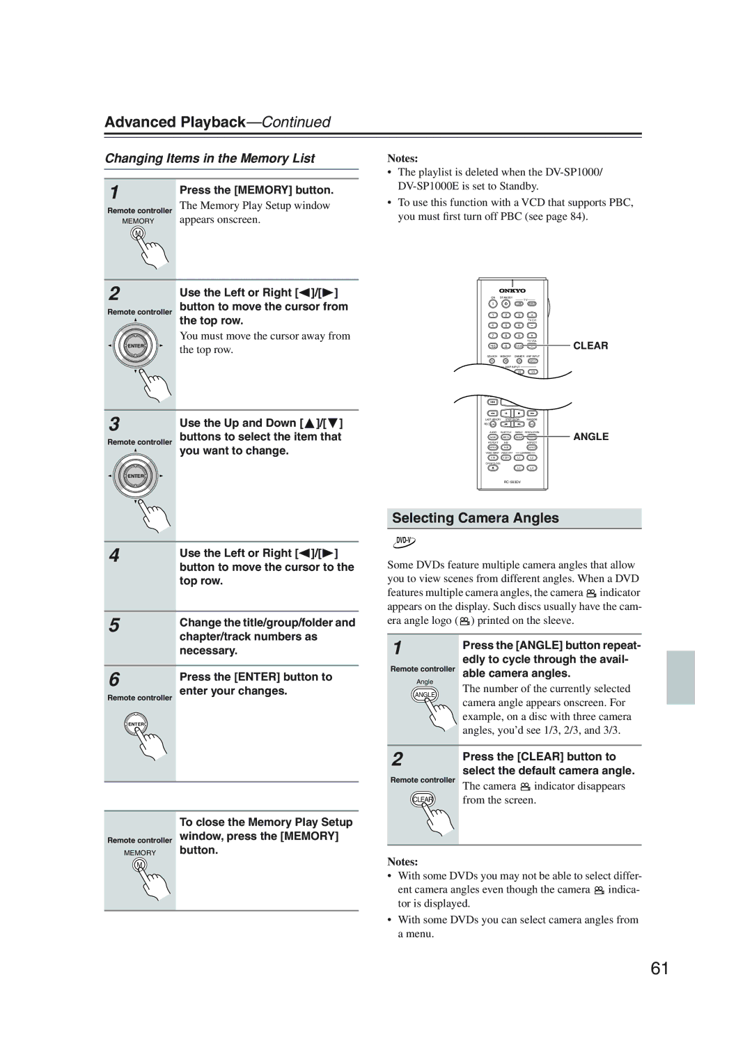 Onkyo DV-SP1000 instruction manual Selecting Camera Angles, Changing Items in the Memory List 