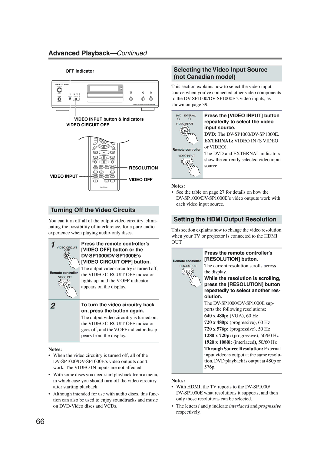 Onkyo DV-SP1000 instruction manual Selecting the Video Input Source not Canadian model, Turning Off the Video Circuits 