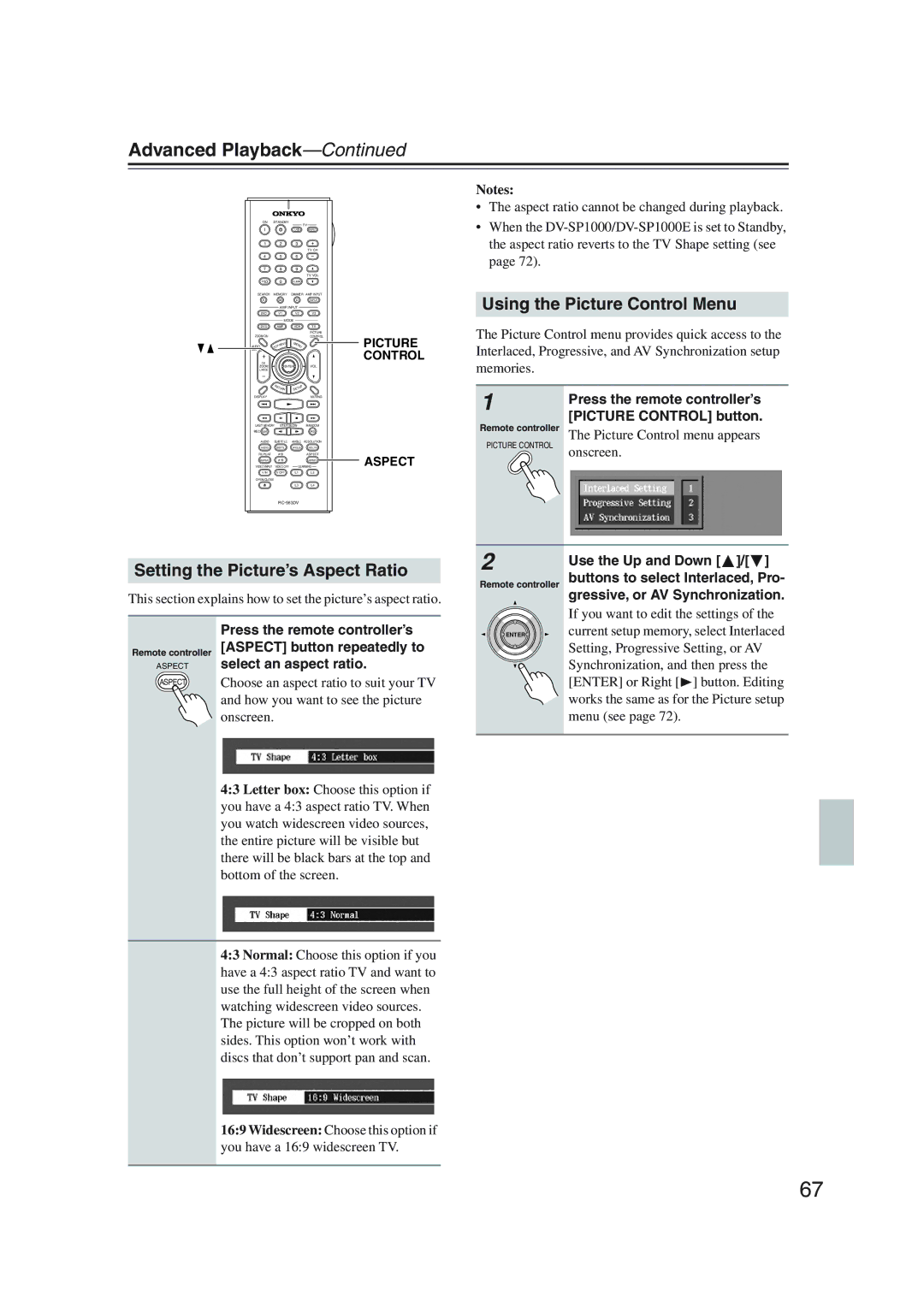 Onkyo DV-SP1000 instruction manual Using the Picture Control Menu, Setting the Picture’s Aspect Ratio 