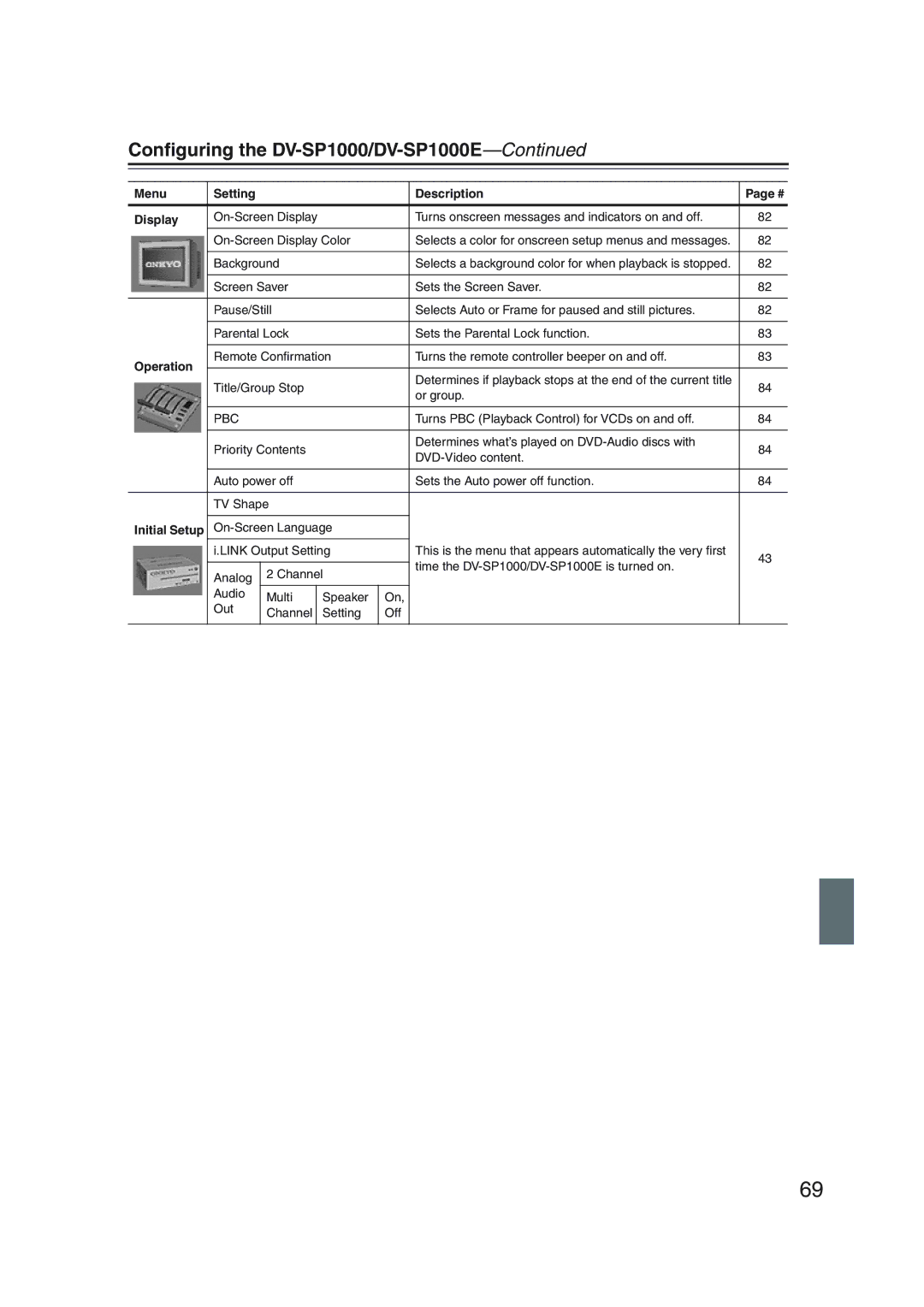 Onkyo instruction manual Conﬁguring the DV-SP1000/DV-SP1000E, Menu Setting Description Display, Operation 