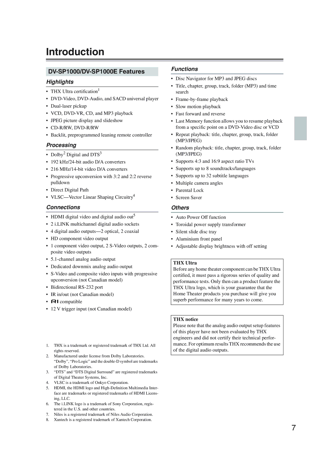 Onkyo instruction manual Introduction, DV-SP1000/DV-SP1000E Features 