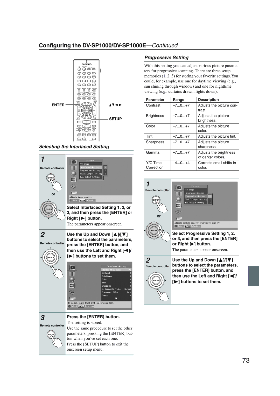 Onkyo DV-SP1000 instruction manual Selecting the Interlaced Setting, Progressive Setting 