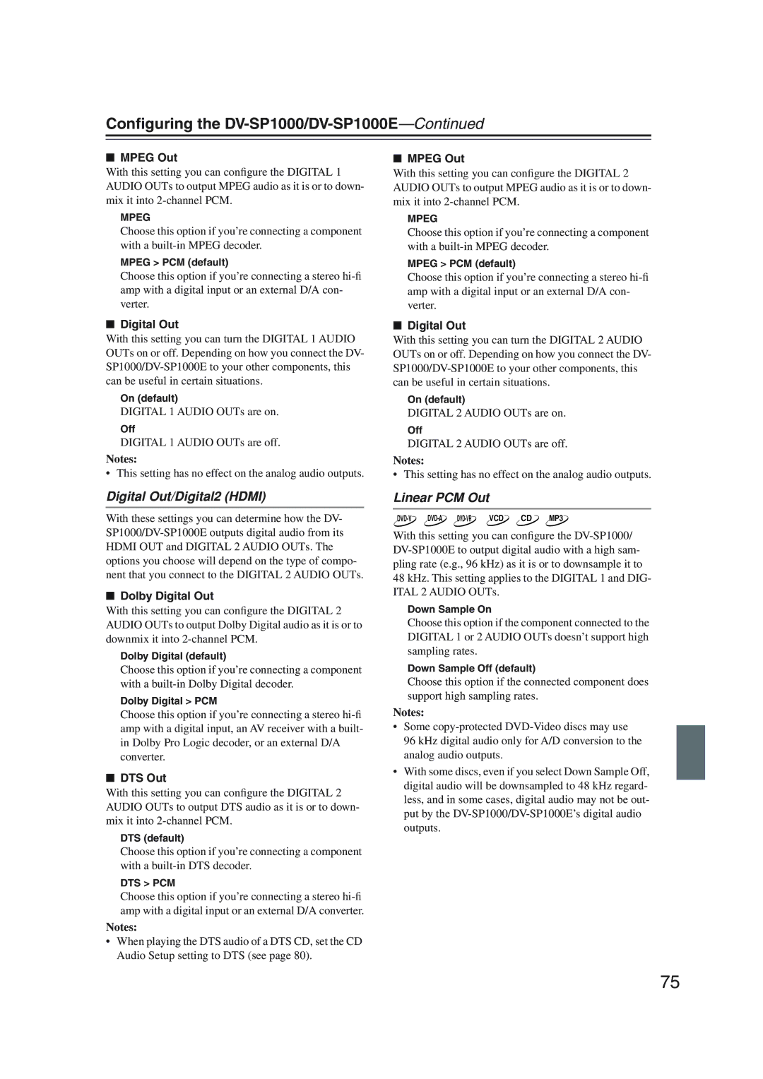 Onkyo DV-SP1000 instruction manual Digital Out/Digital2 Hdmi, Linear PCM Out, Mpeg Out 