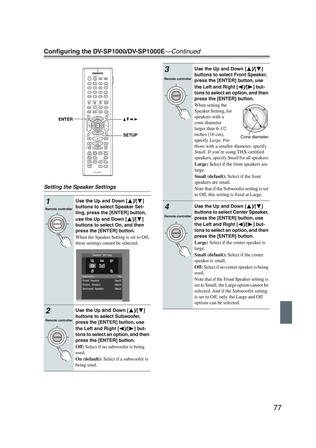 Onkyo DV-SP1000 instruction manual Setting the Speaker Settings 