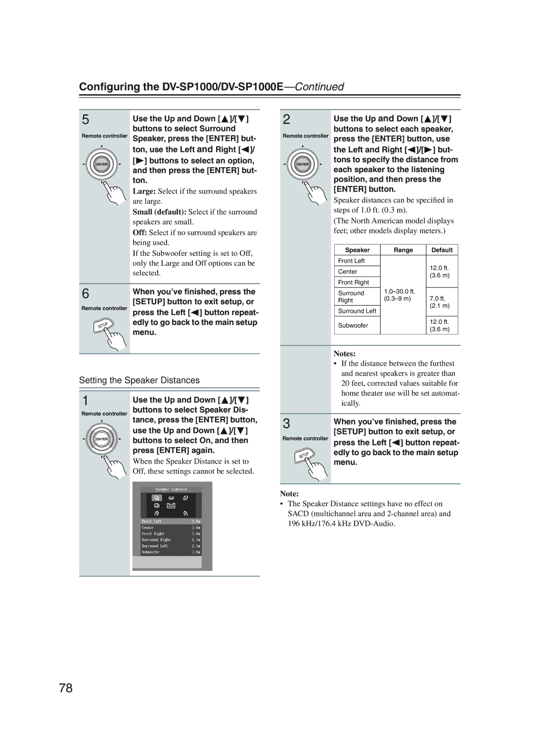 Onkyo DV-SP1000 instruction manual Setting the Speaker Distances, Menu, Edly to go back to the main setup 