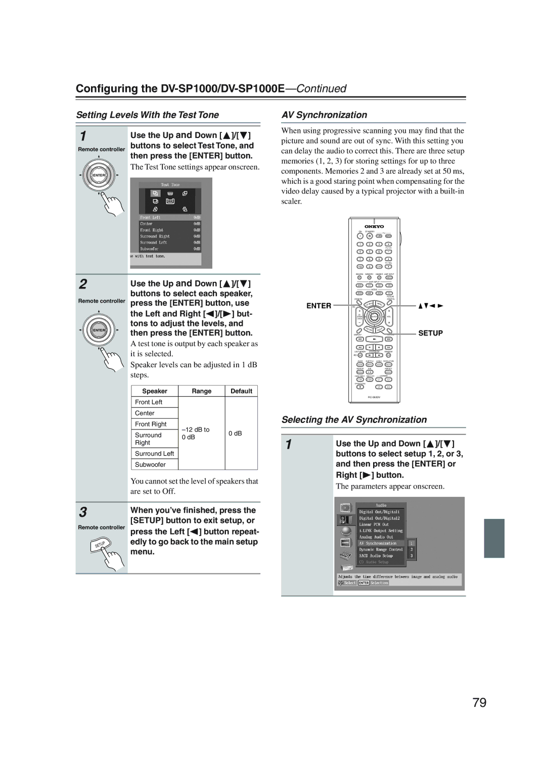 Onkyo DV-SP1000 Setting Levels With the Test Tone, Selecting the AV Synchronization, Buttons to select Test Tone 