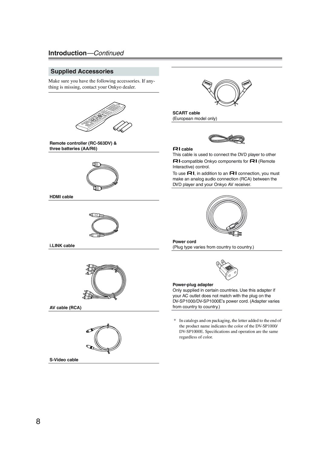 Onkyo DV-SP1000 instruction manual Introduction, Supplied Accessories, Scart cable, Power cord, Power-plug adapter 