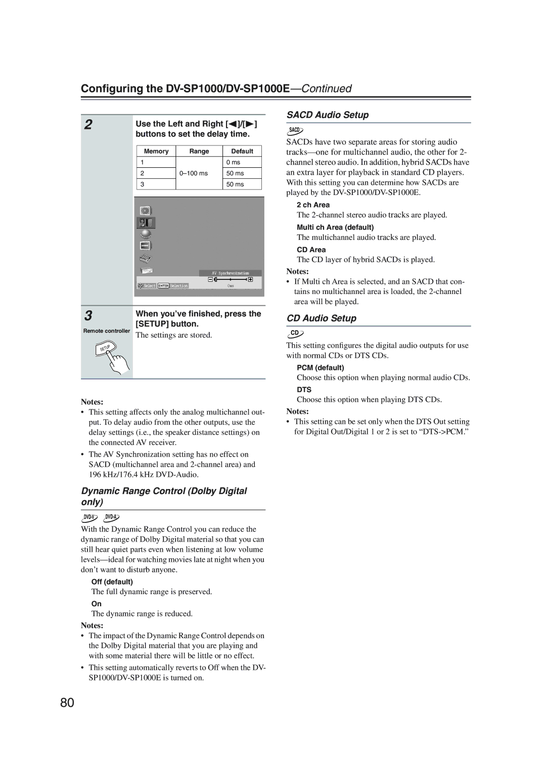 Onkyo DV-SP1000 instruction manual Dynamic Range Control Dolby Digital only, Sacd Audio Setup, CD Audio Setup 