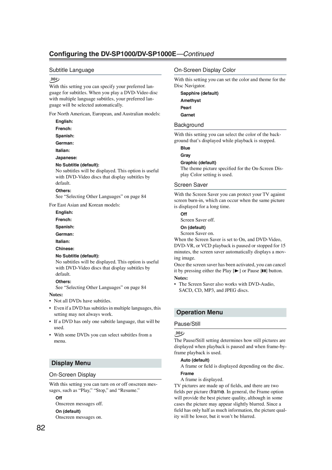 Onkyo DV-SP1000 instruction manual Display Menu, Operation Menu 