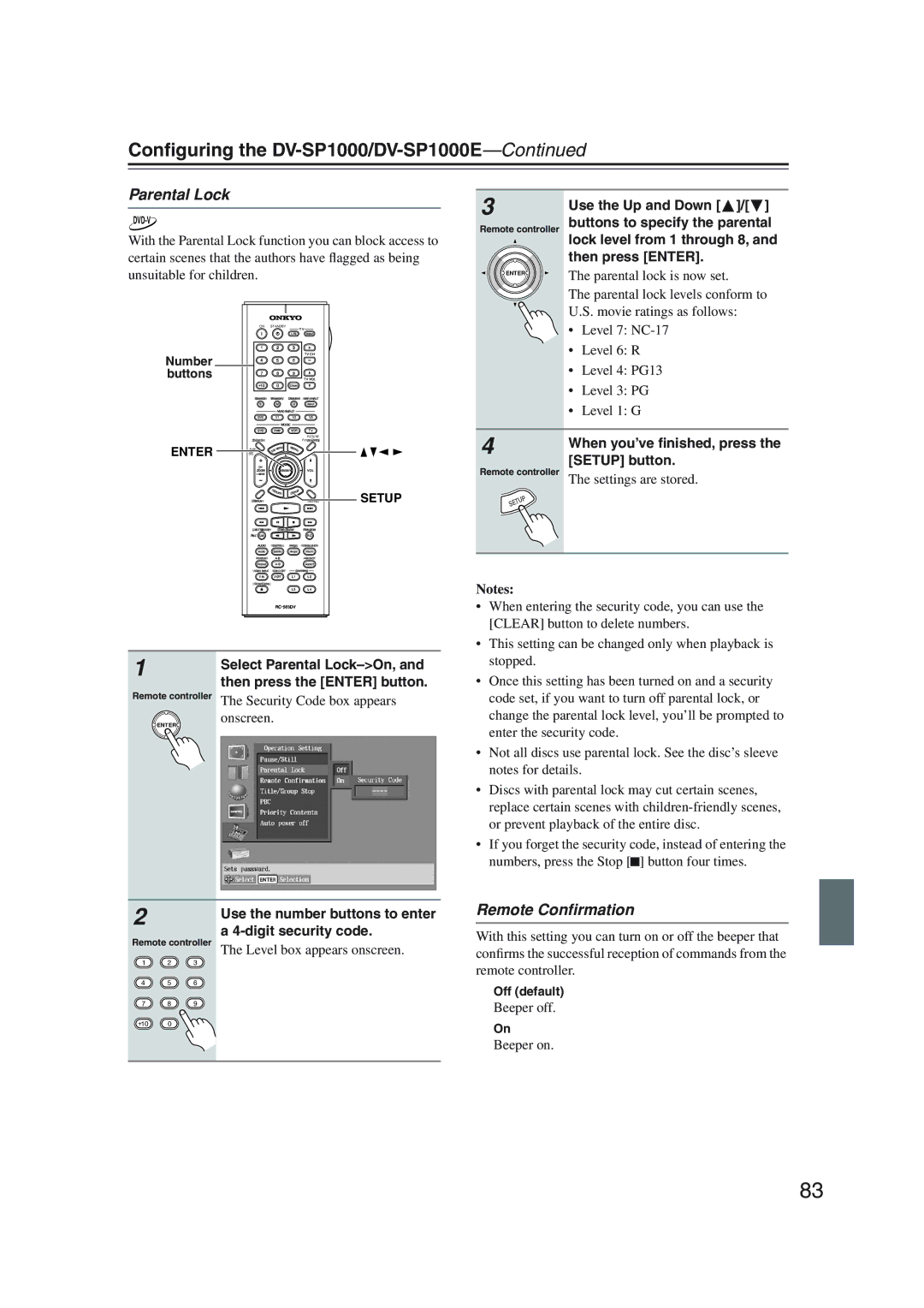 Onkyo DV-SP1000 instruction manual Remote Conﬁrmation, Select Parental Lock-On, and then press the Enter button 