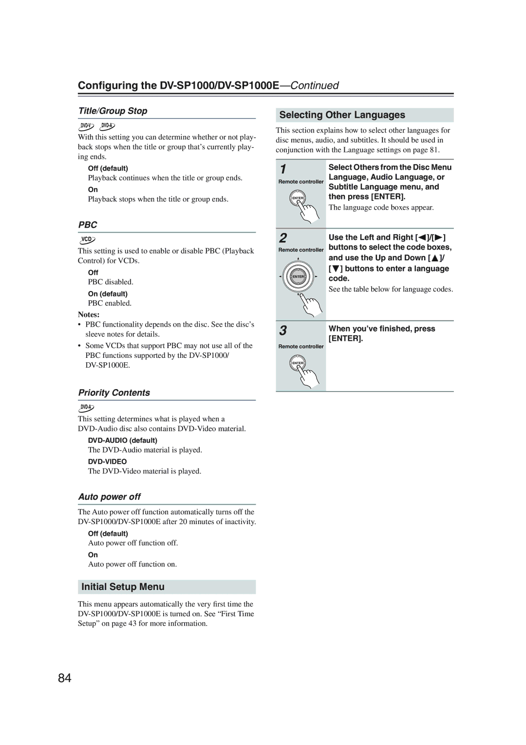 Onkyo DV-SP1000 Initial Setup Menu, Selecting Other Languages, Title/Group Stop, Priority Contents, Auto power off 