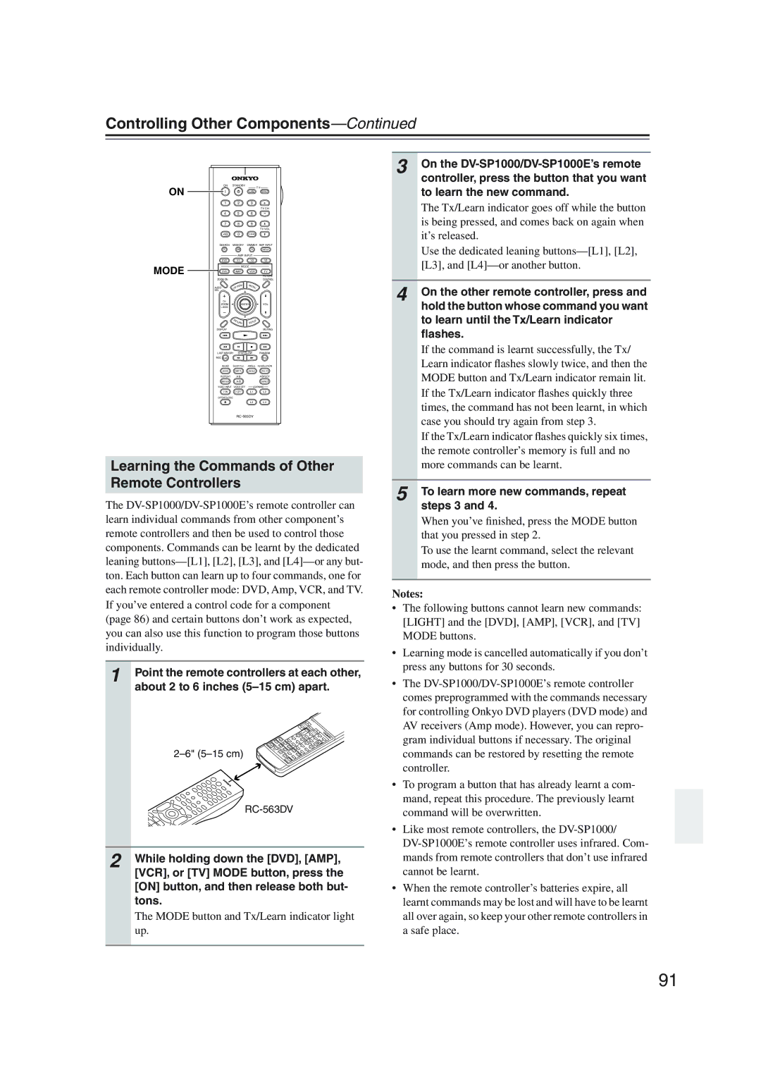 Onkyo DV-SP1000 instruction manual Learning the Commands of Other Remote Controllers, Mode 