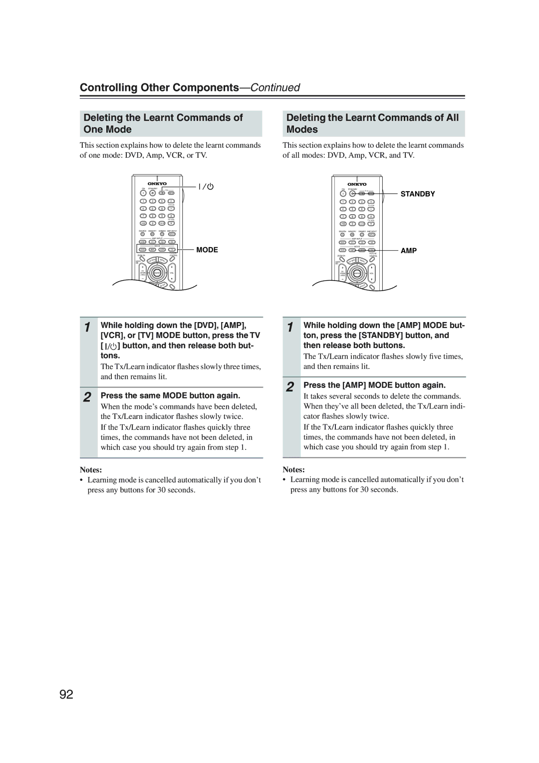 Onkyo DV-SP1000 instruction manual Deleting the Learnt Commands of One Mode, Deleting the Learnt Commands of All Modes, Amp 