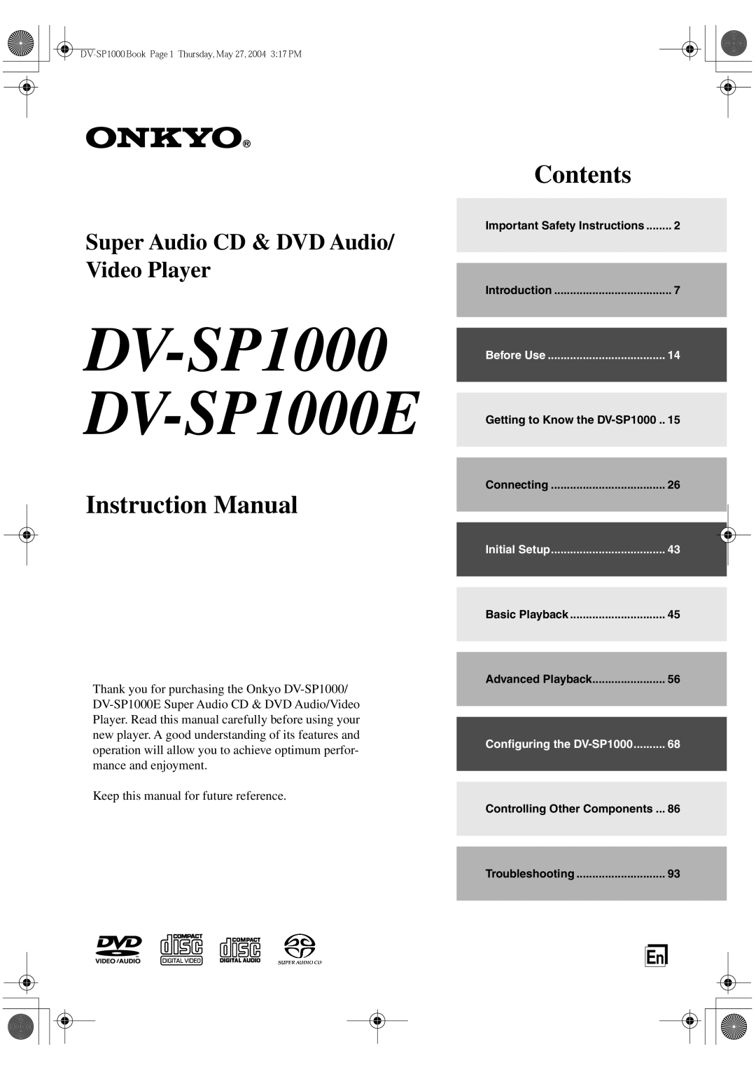 Onkyo instruction manual DV-SP1000 DV-SP1000E 