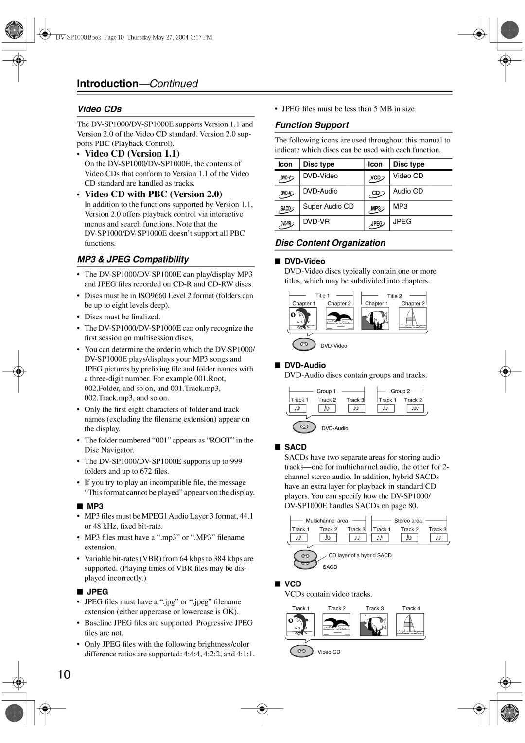 Onkyo DV-SP1000E instruction manual Video CDs, MP3 & Jpeg Compatibility, Function Support, Disc Content Organization 