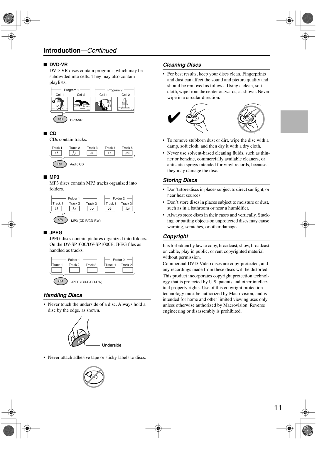 Onkyo DV-SP1000E instruction manual Handling Discs, Cleaning Discs, Storing Discs, Copyright 