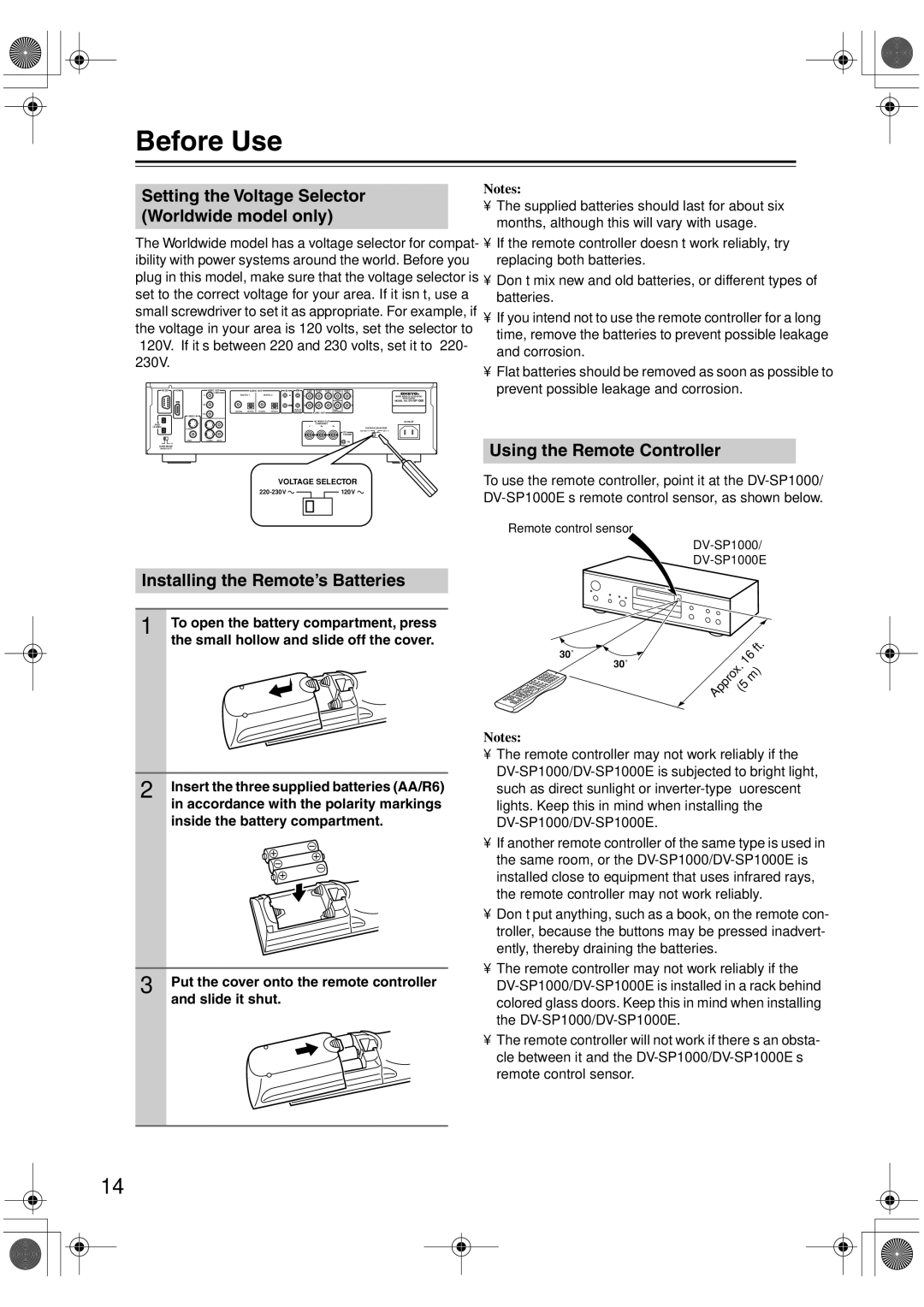 Onkyo DV-SP1000E instruction manual Before Use, Installing the Remote’s Batteries, Using the Remote Controller 