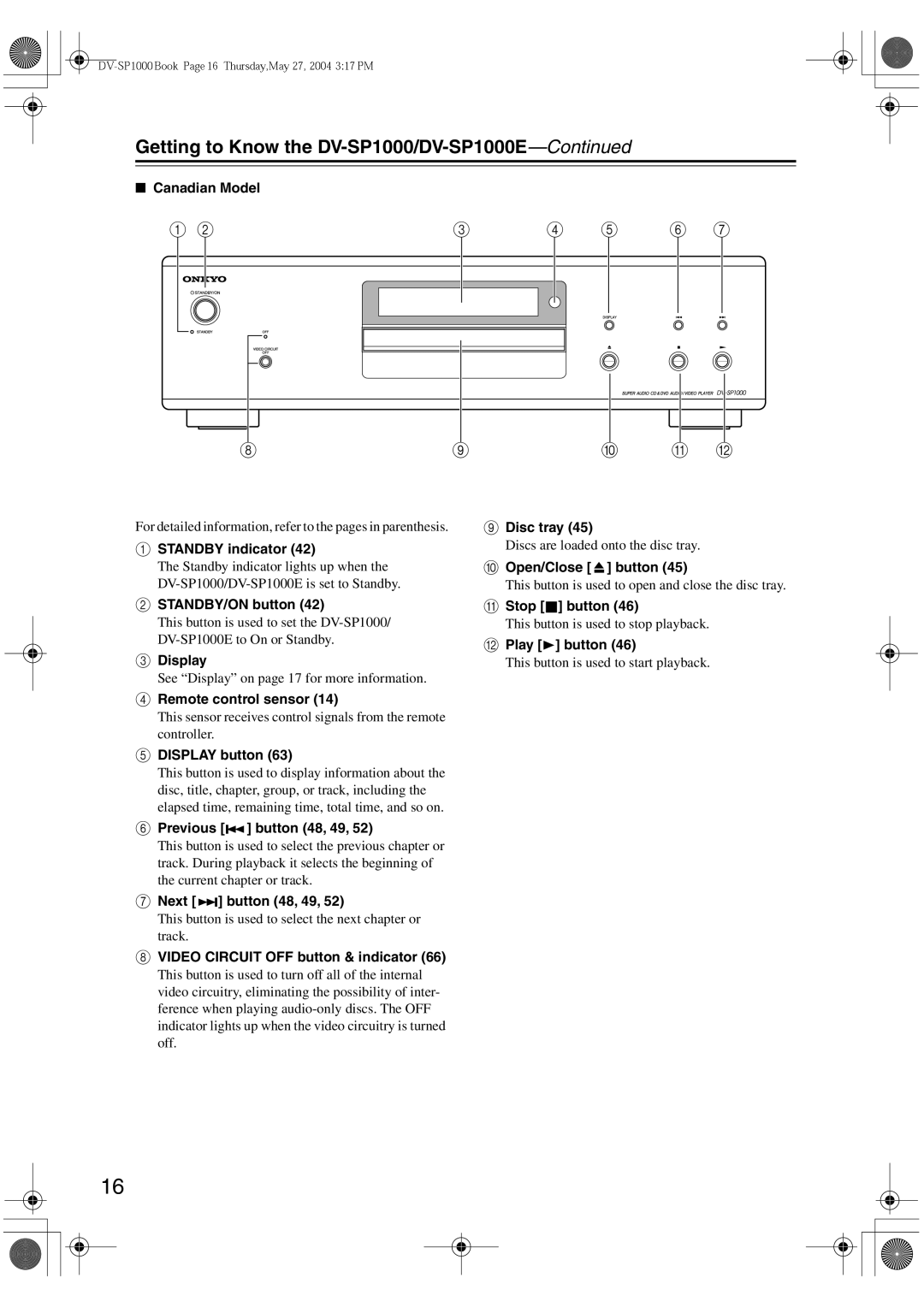 Onkyo Getting to Know the DV-SP1000/DV-SP1000E, Canadian Model, Remote control sensor Disc tray, Display button 