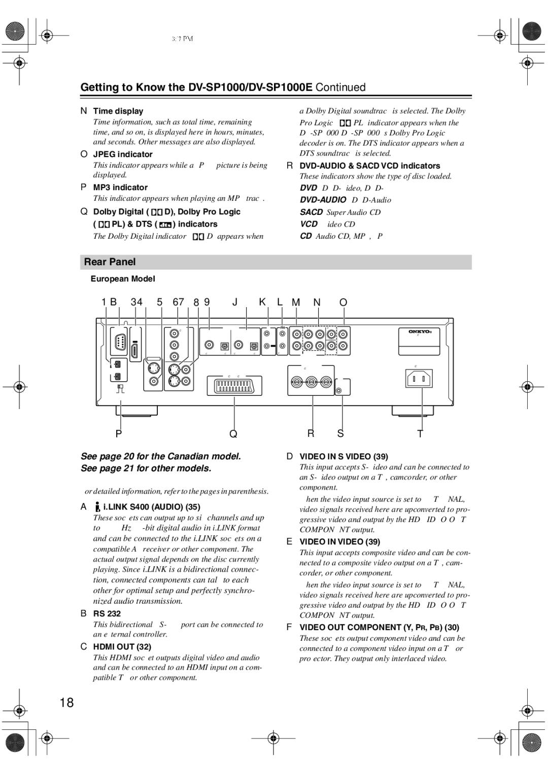 Onkyo DV-SP1000E instruction manual Rear Panel 