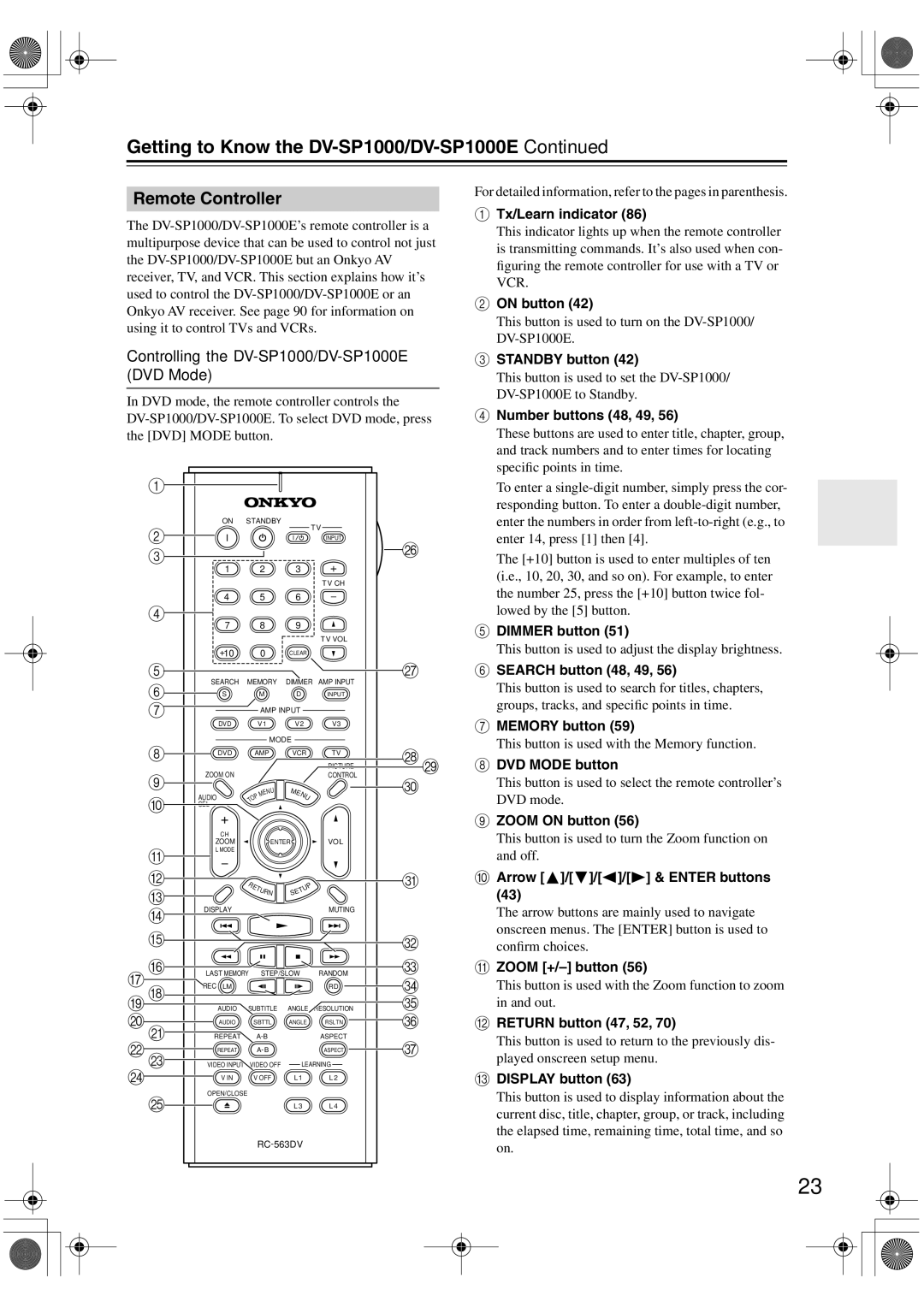 Onkyo instruction manual Remote Controller, Controlling the DV-SP1000/DV-SP1000E DVD Mode 