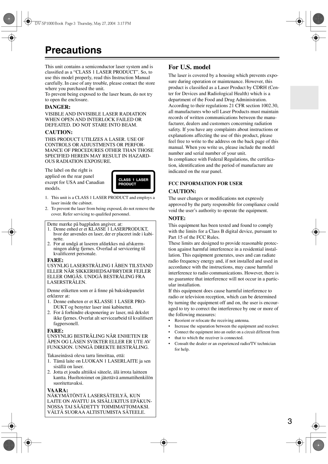 Onkyo DV-SP1000E instruction manual Precautions, Fare 