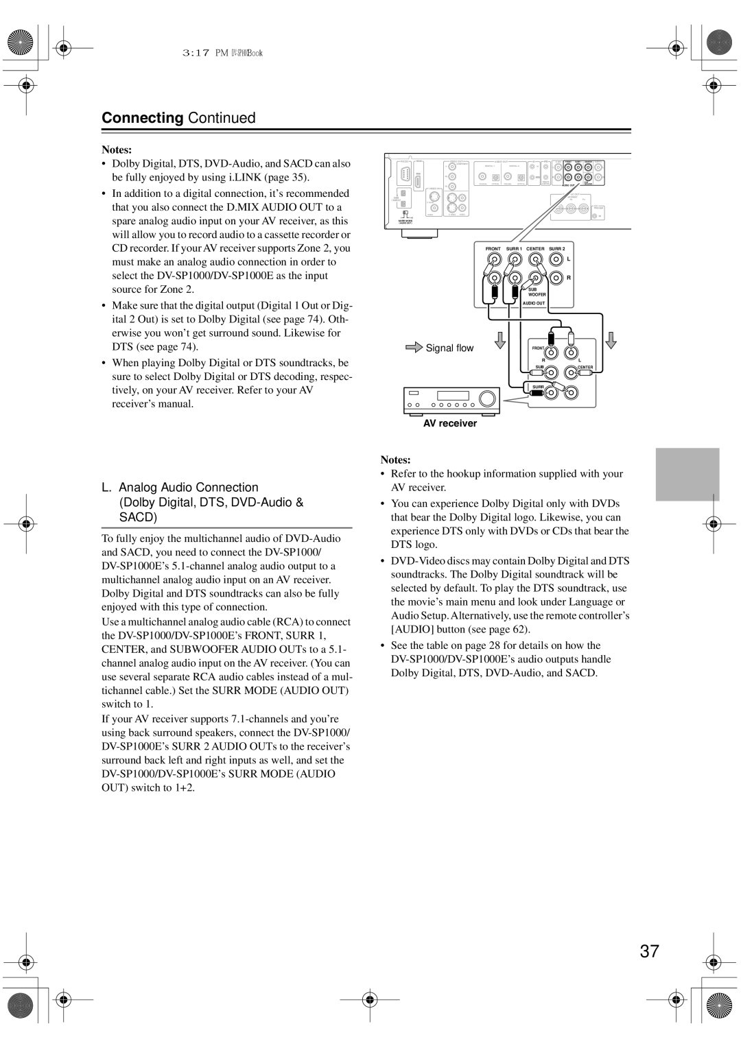 Onkyo DV-SP1000E instruction manual Analog Audio Connection Dolby Digital, DTS, DVD-Audio & Sacd 