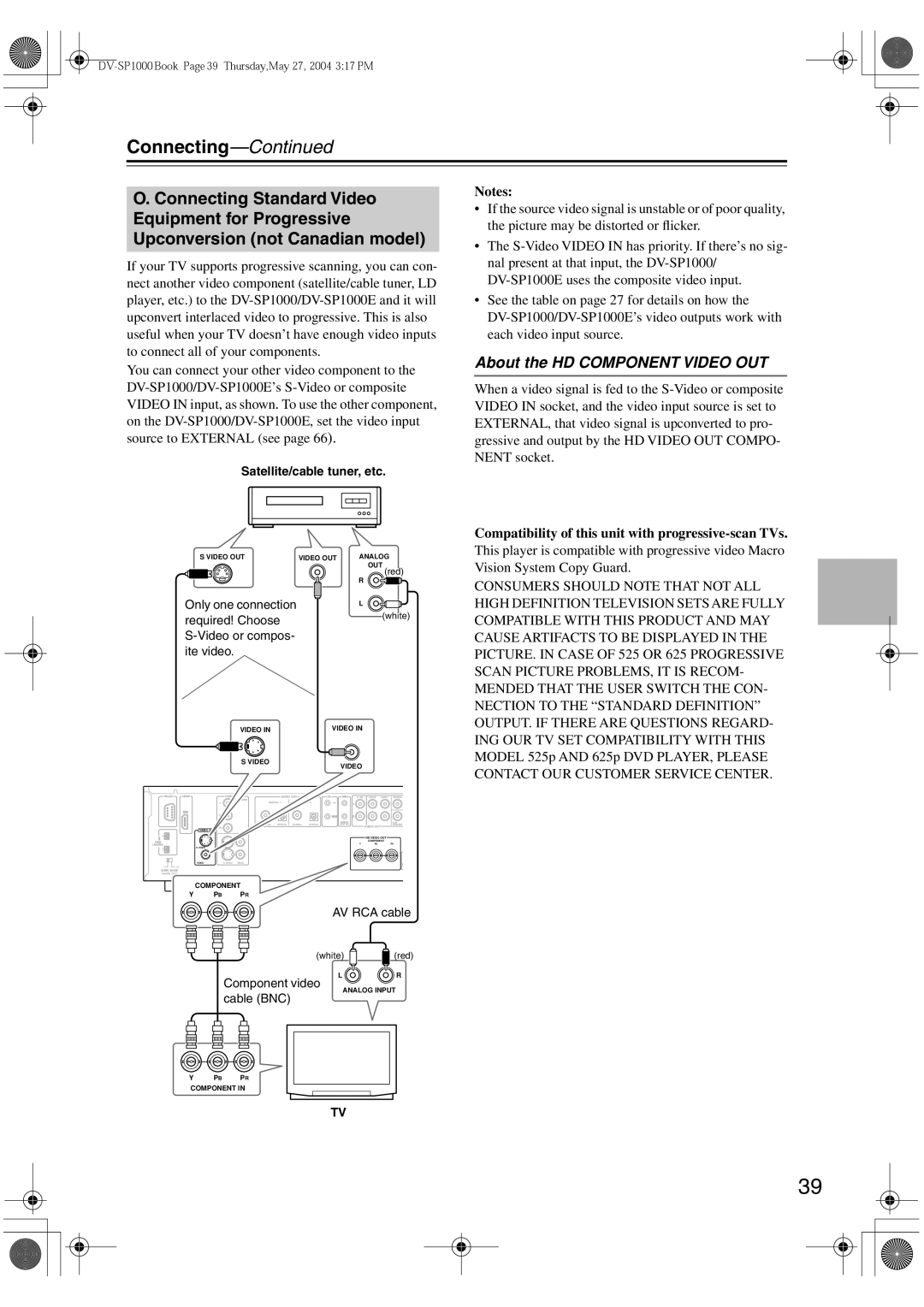 Onkyo DV-SP1000E instruction manual About the HD Component Video OUT, Compatibility of this unit with progressive-scan TVs 